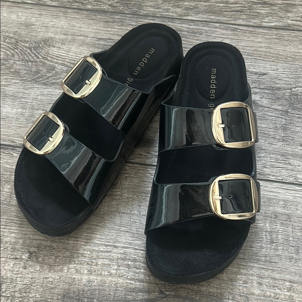 Madden Girl Black and Gold Double-Strap Sandals